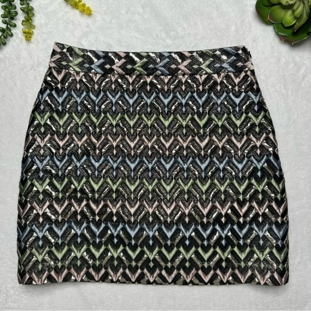 Milly Metallic Chevron Textured Modern Mini Skirt in Black Pink Green Womens 6